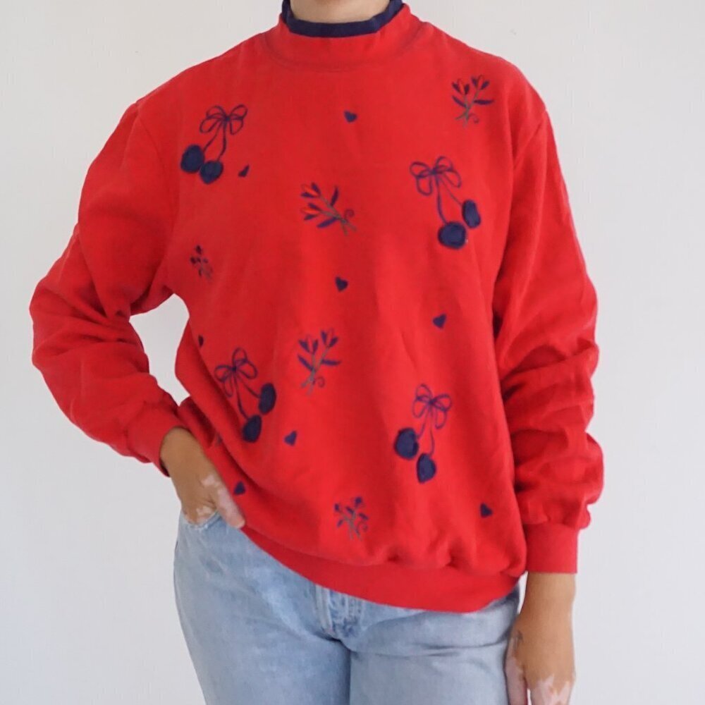 BonWorth Red Cherry Bow Heart Print Cotton Blend Sweatshirt Grandmacore L